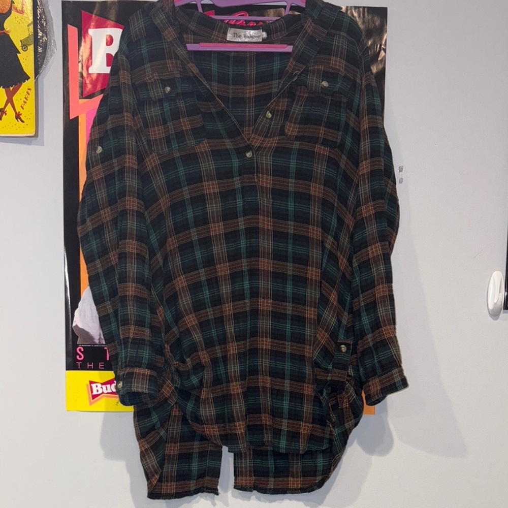 Green & Brown Long Flannel Button Down Shirt